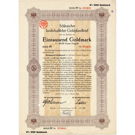 Schlesische Landschaft. Schlesischer landschaftlicher Goldpfandbrief. Reihe IV. 8% 1000 Goldmark. Breslau / Wrocław 1.10.1926