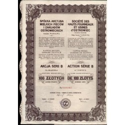 "SPÓŁKA AKCYJNA WIELKICH PIECÓW I ZAKŁADÓW OSTROWIECKICH Siedziba: WARSZAWA". Akcja 100 zł Seria B na okaziciela.