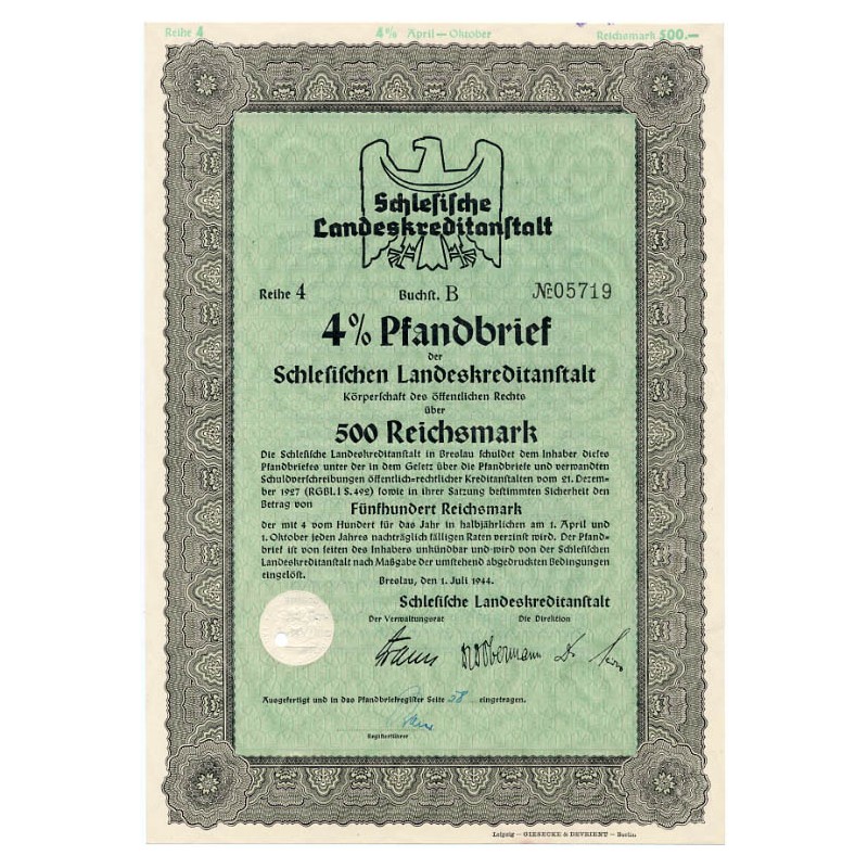 Schlesische Landeskreditanstalt. Reihe 4. 4% Pfandbrief 500 Reichsmark. Breslau / Wrocław 1.07.1944