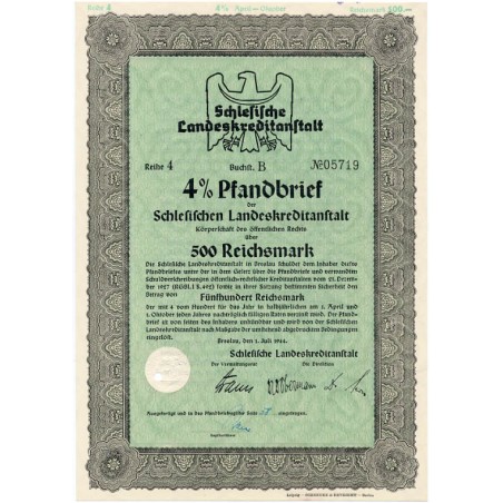 Schlesische Landeskreditanstalt. Reihe 4. 4% Pfandbrief 500 Reichsmark. Breslau / Wrocław 1.07.1944