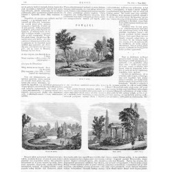 "POWĄZKI." [1] "Ruina w parku." [2] "Wjazd do parku." [3] "Część parku. (1809-1811)" [4] "Pałacyk." [5] "Staw. (1812-1813)"