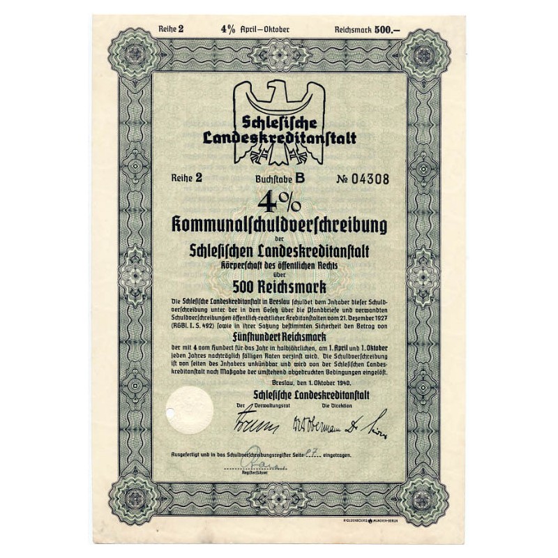 Schlesische Landeskreditanstalt. Reihe 2. 4% Kommunalschuldverschreibung 500 Reichsmark. Breslau / Wrocław 1.10.1940