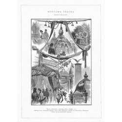 "WYSTAWA TKACKA. Rysunek J. Ryszkiewicza. Wyroby włościańskie: samodziały, płótna, wełniaki i t. d. Pawilony Łodzi, Tomaszowa, Z