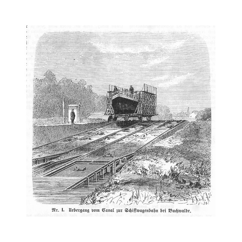 "Ein deutscher Trollhätta-Canal." [1] "Nr. I. Uebergang vom Canal zur Schiffwagenbahn bei Buchwalde." [2] "Nr. II. Die Seilsche
