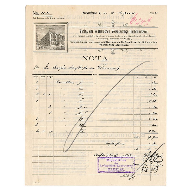 "NOTA. Verlag der Schlesischen Volkszeitungs-Buchdruckerei [...]". Breslau 10.08.1904