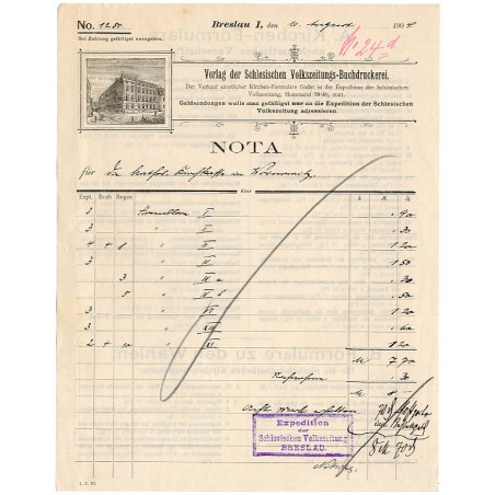 "NOTA. Verlag der Schlesischen Volkszeitungs-Buchdruckerei [...]". Breslau 10.08.1904