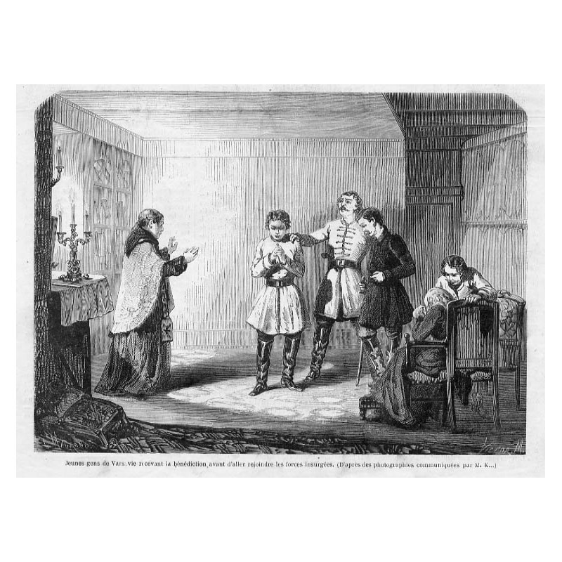 "Jeunes gens de Varsovie recevant la bénédiction avant d'aller rejoindre les forces insurgées. (D'apres des photographies commun
