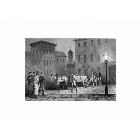 Rycina bez tytułu ze sceną uliczną w Warszawie po masakrze w dniu 8.04.1861 na pl. Zamkowym