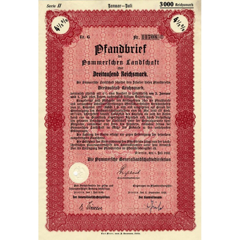 Pommerschen Landschaft Serie II. Pfandbrief 4,5% 3000 Reichsmark. Stettin Szczecin 1.07.1940 Die Pommersche Generallandschaftsdi