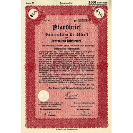 Pommerschen Landschaft Serie II. Pfandbrief 4,5% 3000 Reichsmark. Stettin Szczecin 1.07.1940 Die Pommersche Generallandschaftsdi