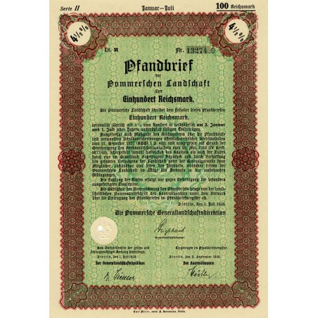 Pommerschen Landschaft Serie II. Pfandbrief 4,5% 100 Reichsmark. Stettin (Szczecin) 1.07.1940 Die Pommersche Generallandschaftsd
