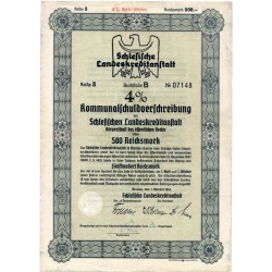 Schlesische Landeskreditanstalt. Reihe 3. 4% Kommunalschuldverschreibung 500 Reichsmark. Breslau / Wrocław 1.10.1941