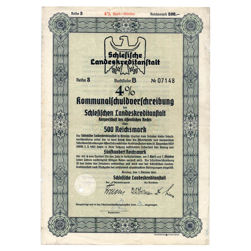 Schlesische Landeskreditanstalt. Reihe 3. 4% Kommunalschuldverschreibung 500 Reichsmark. Breslau / Wrocław 1.10.1941