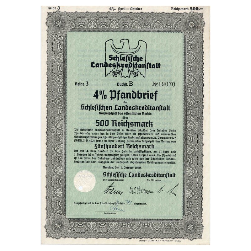 Schlesische Landeskreditanstalt. Reihe 3. 4% Pfandbrief 500 Reichsmark. Breslau / Wrocław 1.10.1940