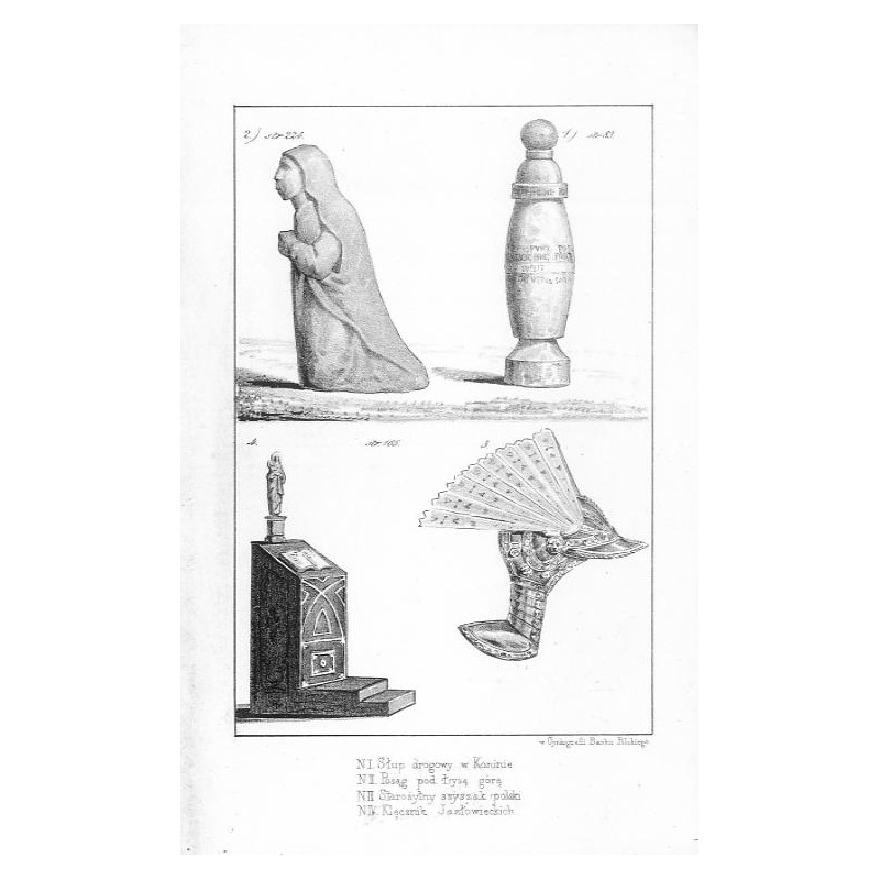 "N I. Słup drogowy w Koninie. N II. Posąg pod Łysą górą. N III. Starożytny szyszak polski. N IV. Klęcznik Jazłowieckich"