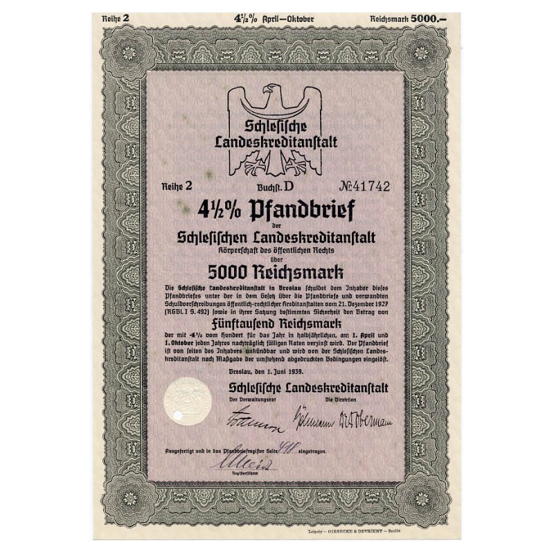 Schlesische Landeskreditanstalt. Reihe 2. 4,5% Pfandbrief 5000 Reichsmark. Breslau / Wrocław 1.06.1939