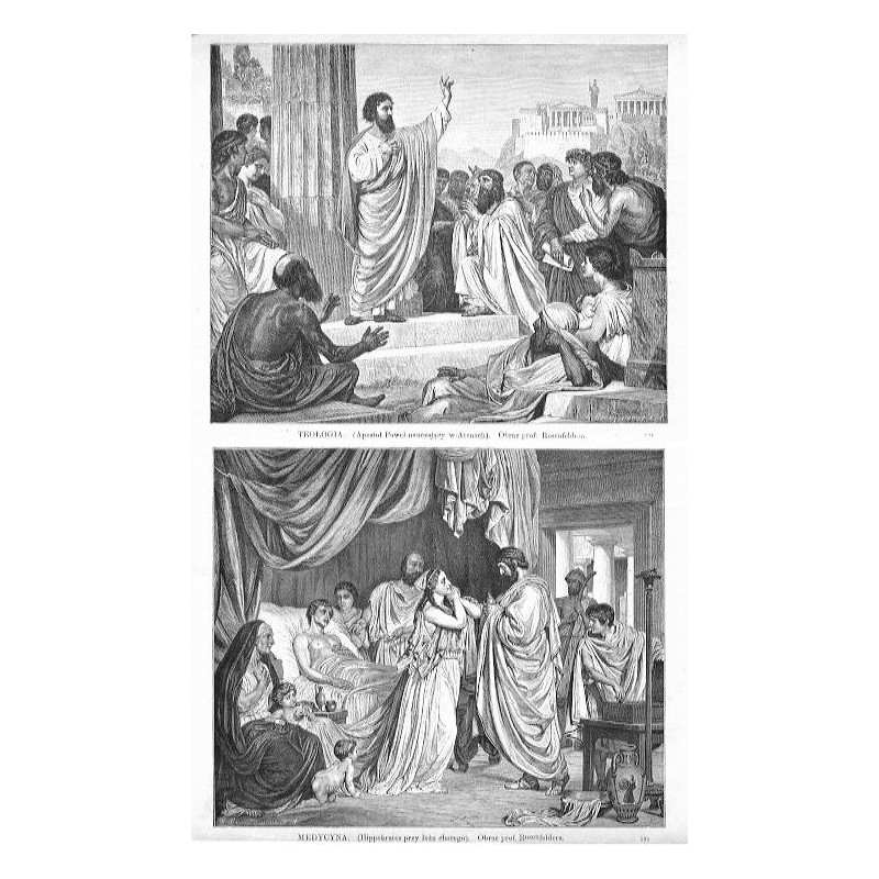 [1] "TEOLOGIA. (Apostoł Paweł nauczający w Atenach). Obraz prof. Rosenfeldera. 594" [2] "MEDYCYNA. (Hippokrates przy łożu chore