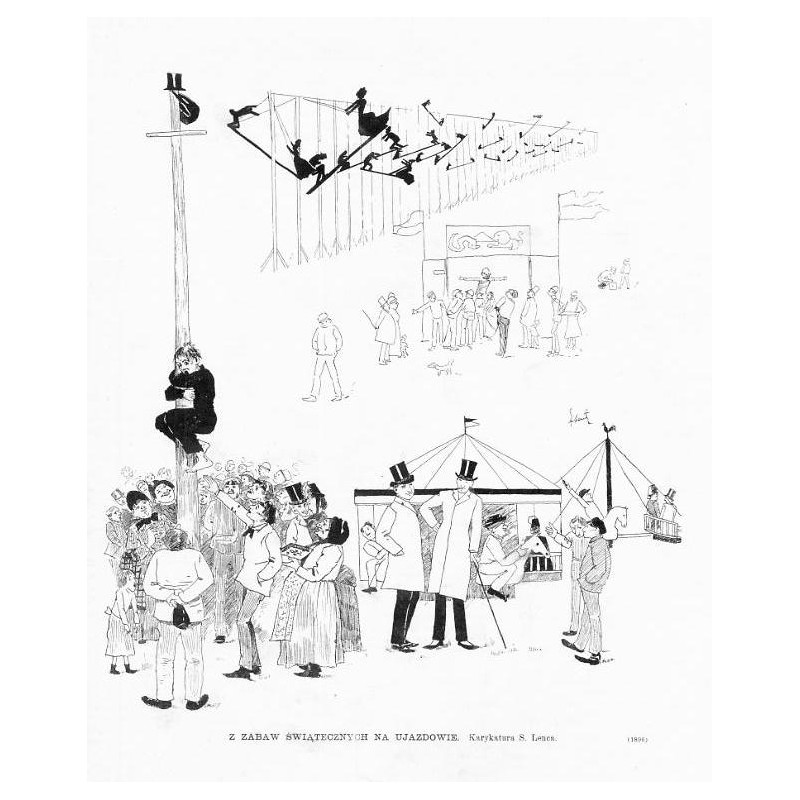 Z zabaw świątecznych na Ujazdowie. Karykatura S. Lenca / "Z ZABAW ŚWIĄTECZNYCH NA UJAZDOWIE. Karykatura S. Lenca. (1896)"