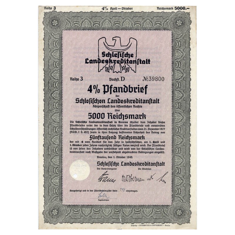 Schlesische Landeskreditanstalt. Reihe 3. 4% Pfandbrief 5000 Reichsmark. Breslau / Wrocław 1.10.1940