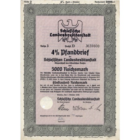 Schlesische Landeskreditanstalt. Reihe 3. 4% Pfandbrief 5000 Reichsmark. Breslau / Wrocław 1.10.1940
