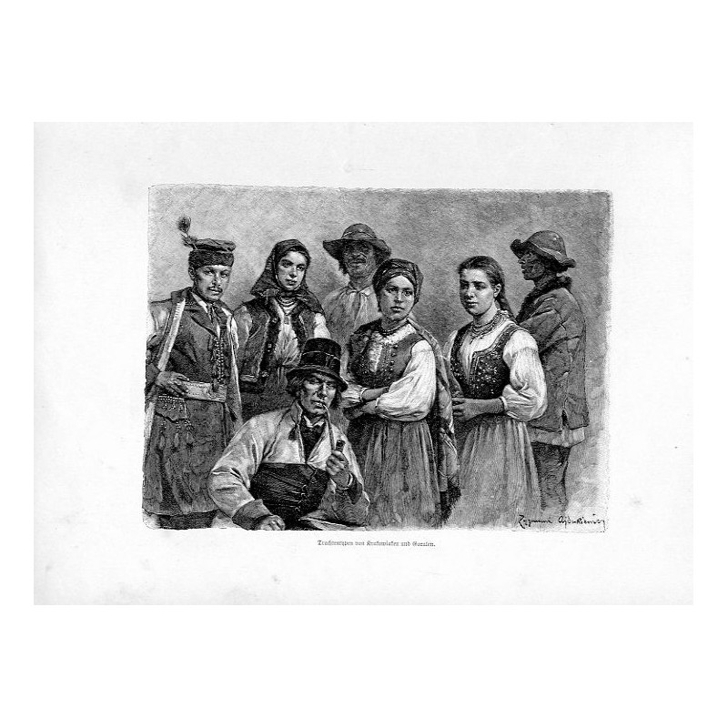 "Trachtentypen von Krakowiaken und Goralen, von Zygmunt Ajdukiewicz / (Im Vordergrunde sitzend ein alter Bauer aus der Gegend be