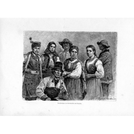 "Trachtentypen von Krakowiaken und Goralen, von Zygmunt Ajdukiewicz / (Im Vordergrunde sitzend ein alter Bauer aus der Gegend be