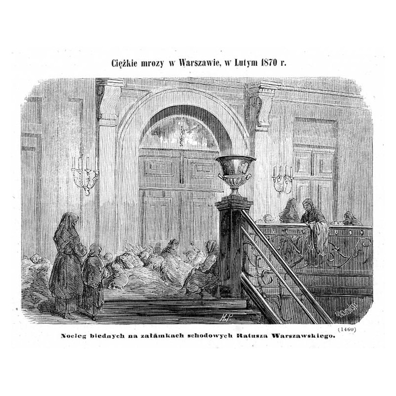 "Ciężkie mrozy w Warszawie, w Lutym 1870 r. Nocleg biednych na załamkach schodowych Ratusza Warszawskiego. (1460)"