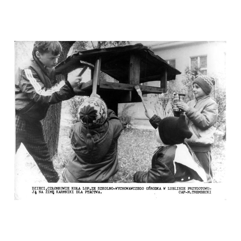 Dzieci, członkowie Koła LOP, ze Szkolno-Wychowawczego Ośrodka w Lublinie przygotowują na zimę karmniki dla ptactwa / "DZIECI, CZ