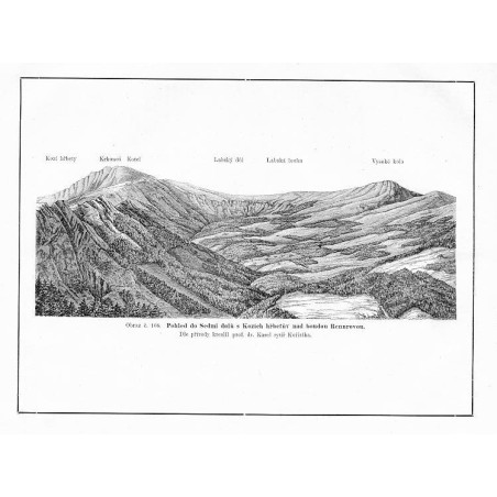 "Obraz č. 108. Pohled do Sedmi dolů s Kozich hřbetův nad boudou Rennrovou. Dle přirody kreslil prof. dr. Karel rytíř Kořistka. K