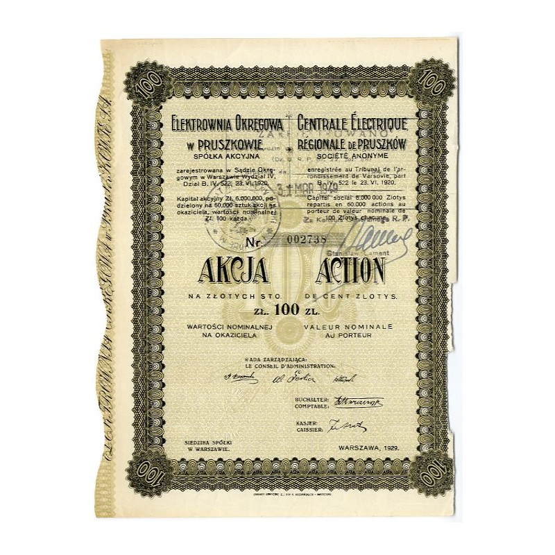 Elektrownia Okręgowa w Pruszkowie S.A. Akcja 100 zł na okaziciela. Warszawa 1929
