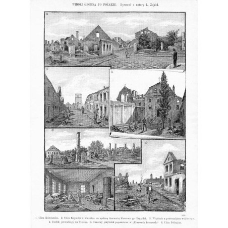 Widoki Grodna po pożarze / "WIDOKI GRODNA PO POŻARZE. Rysował z natury R. Zajdel. 1. Ulica Kołożańska. 2. Ulica Kupiecka z widok