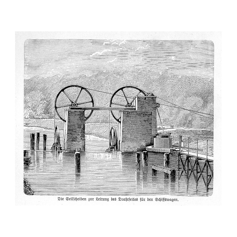 "Die Seilscheiben zur Leitung des Drahtseils für den Schiffswagen."