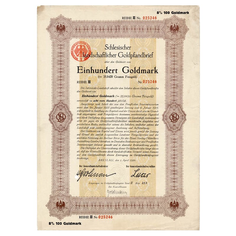 Schlesische Landschaft. Schlesischer landschaftlicher Goldpfandbrief. Reihe II. 8% 100 Goldmark. Breslau / Wrocław 1.04.1926