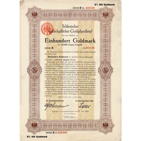 Schlesische Landschaft. Schlesischer landschaftlicher Goldpfandbrief. Reihe II. 8% 100 Goldmark. Breslau / Wrocław 1.04.1926