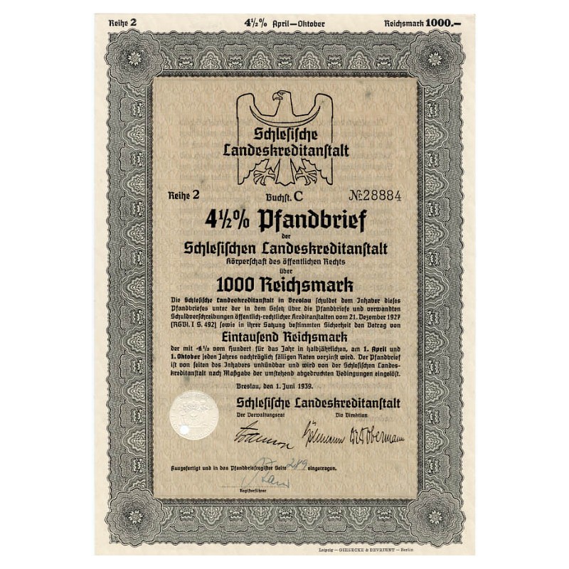 Schlesische Landeskreditanstalt. Reihe 2. 4,5% Pfandbrief 1000 Reichsmark. Breslau / Wrocław 1.06.1939