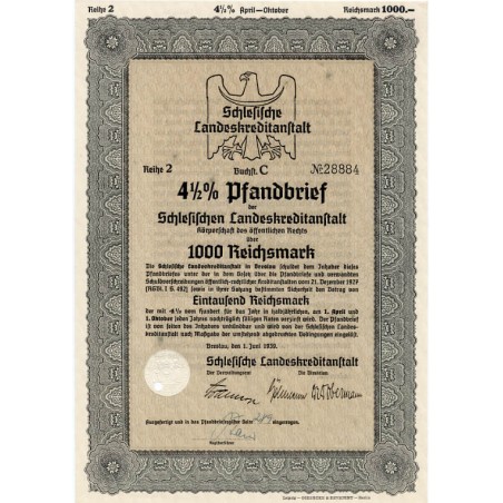 Schlesische Landeskreditanstalt. Reihe 2. 4,5% Pfandbrief 1000 Reichsmark. Breslau / Wrocław 1.06.1939