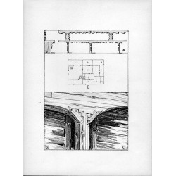 Tabl. 18. A. Ława z izby domu w Strzelnie, powiat pucki, Pomorze (tabl. 17.) B. Rys poziomy domu w Strzelnie [...] C. Słup z zas