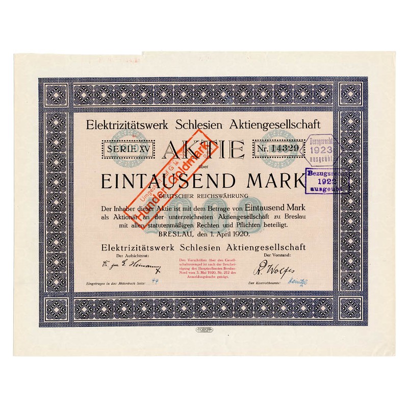 Elektrizitätswerk Schlesien Aktiengesellschaft. 1000 Mark. Breslau / Wrocław 1. April 1920 / 1.04.1920
