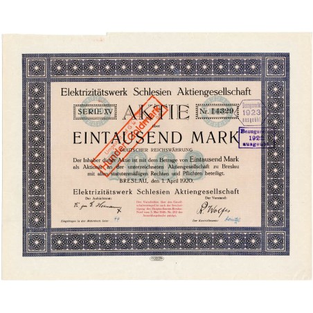 Elektrizitätswerk Schlesien Aktiengesellschaft. 1000 Mark. Breslau / Wrocław 1. April 1920 / 1.04.1920