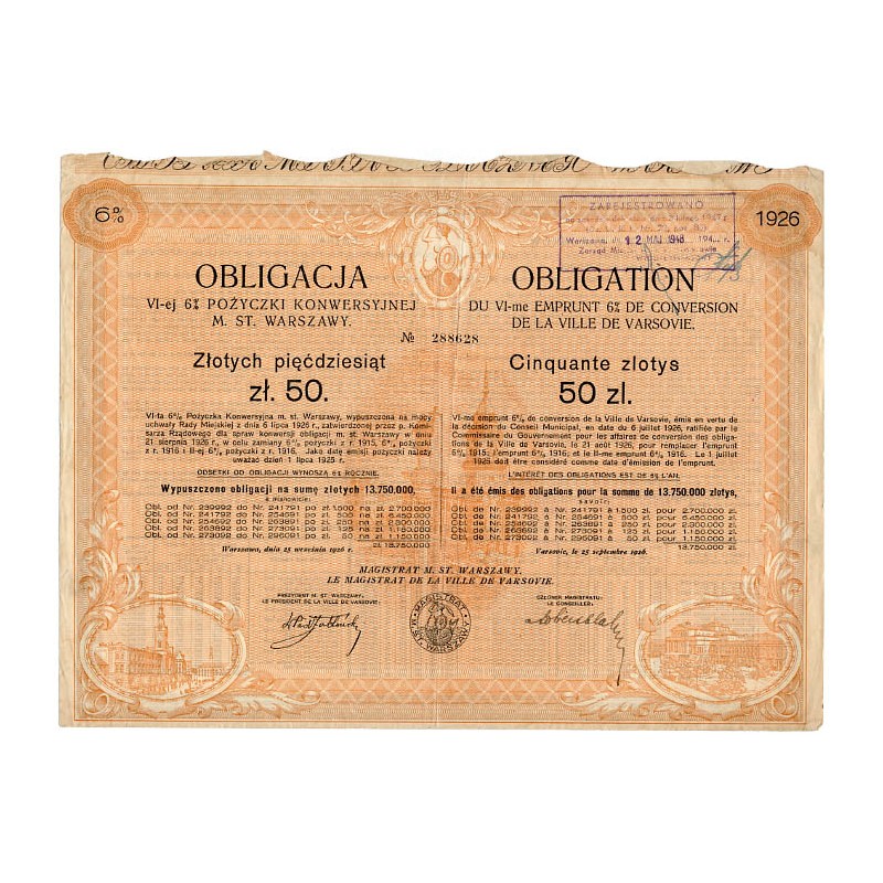 Obligacja 6% Pożyczki Konwersyjnej Obligacja Miasta Warszawy, VI emisja z 25.09.1926