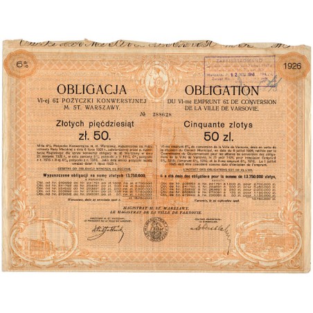 Obligacja 6% Pożyczki Konwersyjnej Obligacja Miasta Warszawy, VI emisja z 25.09.1926