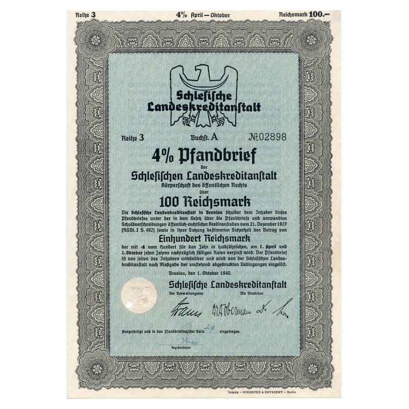 Schlesische Landeskreditanstalt. Reihe 3. 4% Pfandbrief 100 Reichsmark. Breslau / Wrocław 1.10.1940