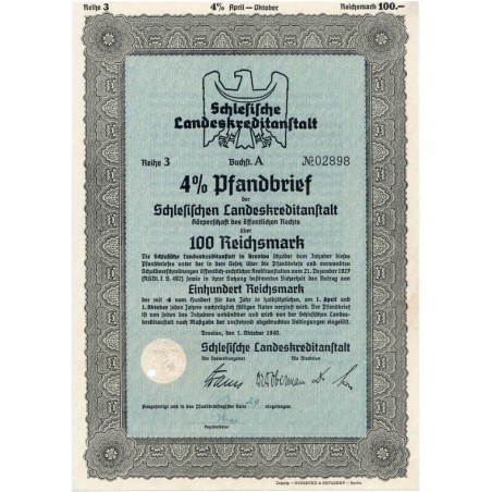 Schlesische Landeskreditanstalt. Reihe 3. 4% Pfandbrief 100 Reichsmark. Breslau / Wrocław 1.10.1940