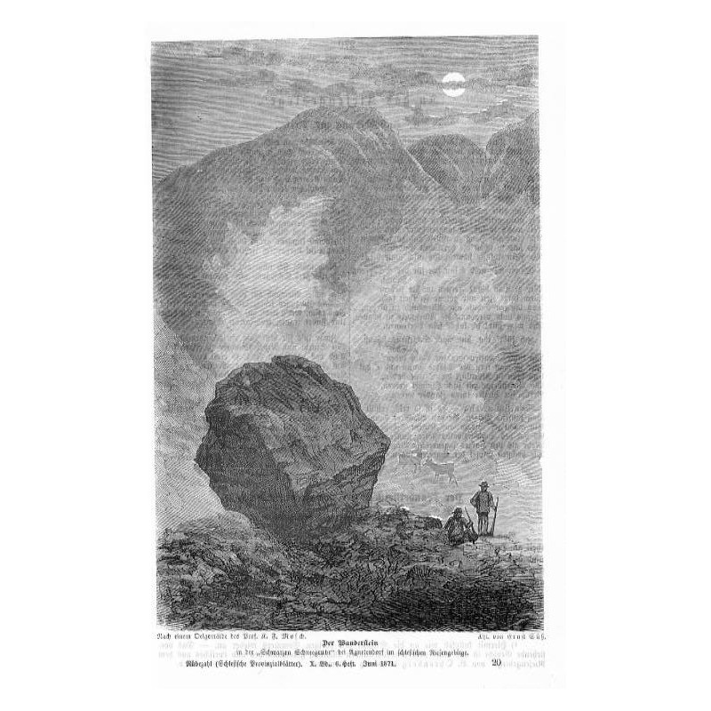 "Der Wanderstein in der "Schwarzen Schneegrube" bei Agnetendorf im schlesischen Riesengebirge."