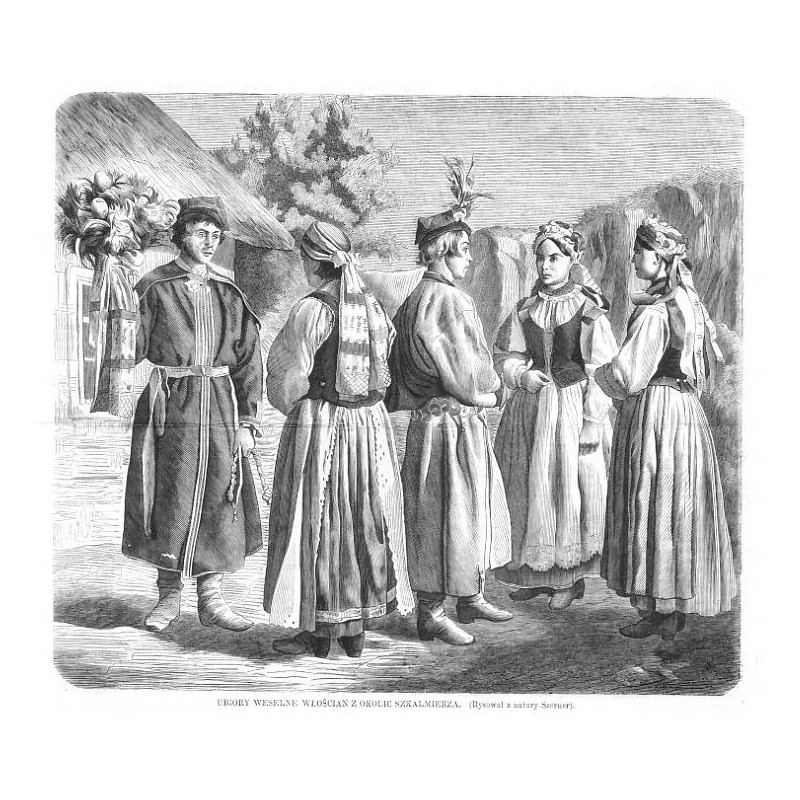 Ubiory weselne włościan z okolic Szkalmierza / "UBIORY WESELNE WŁOŚCIAN Z OKOLIC SZKALMIERZA. (Rysował z natury Szerner)."
