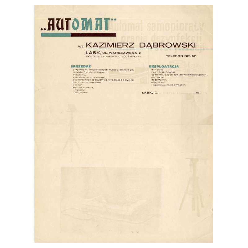 "AUTOMAT" WŁ. KAZIMIERZ DĄBROWSKI ŁASK UL. WARSZAWSKA 2 [...]"