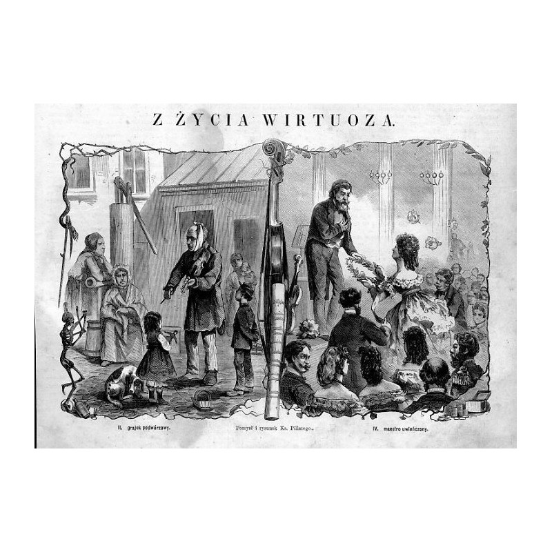 Z życia wirtuoza / "Z ŻYCIA WIRTUOZA. II. grajek podwórzowy. IV. maestro uwieńczony. Pomysł i rysunek Ks. Pillatego."