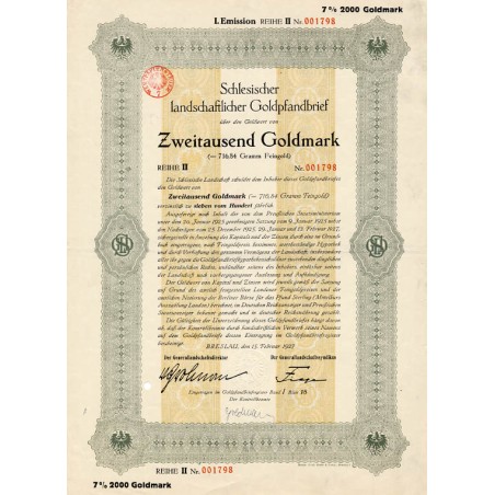 Schlesische Landschaft. Schlesischer landschaftlicher Goldpfandbrief. I. Emission Reihe II. 7% 2000 Goldmark. Breslau / Wrocław
