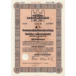 Schlesische Landeskreditanstalt. Reihe 3. 4% Kommunalschuldverschreibung 100 Reichsmark. Breslau / Wrocław 1.10.1941