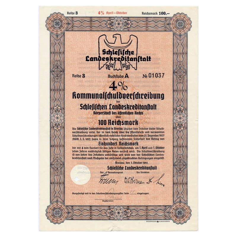 Schlesische Landeskreditanstalt. Reihe 3. 4% Kommunalschuldverschreibung 100 Reichsmark. Breslau / Wrocław 1.10.1941